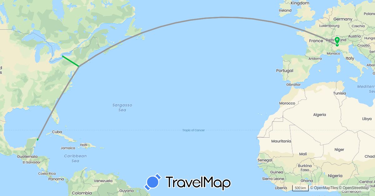 TravelMap itinerary: driving, bus, plane in Italy, Mexico, United States (Europe, North America)